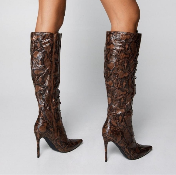 NASTY GAL Lace Up Women's Snakeprint High Heel Boots - Size 5 / 35 - Picture 3 of 4